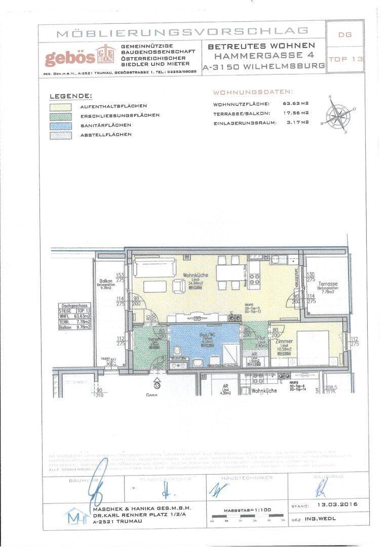 Detaillierter Grundriss der Wohneinheit TOP 13 mit Raumaufteilung, Balkon und Terrasse.