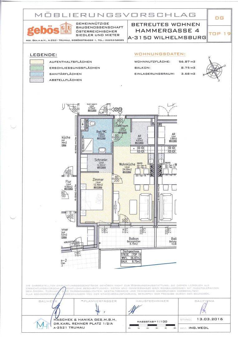 Möblierungsvorschlag für eine Dachgeschosswohnung mit Balkon.
