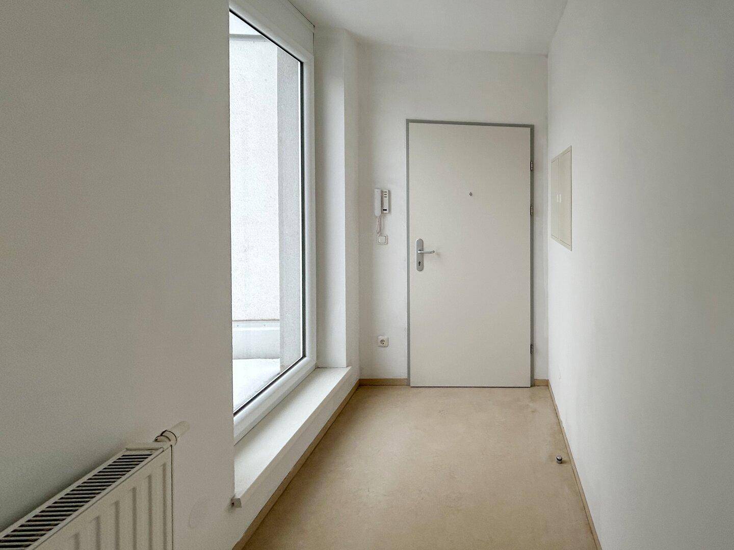 Heller Eingangsbereich mit großer Tür und Fenster, bietet viel Tageslicht und einen freundlichen Empfang.