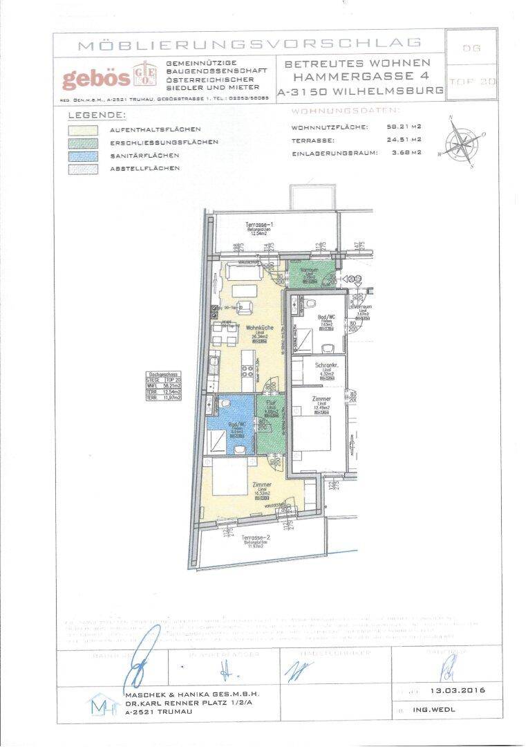 Möblierungsvorschlag für eine Wohneinheit mit Terrasse und detaillierter Raumaufteilung.