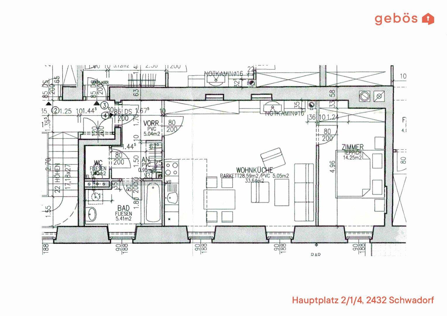 Grundriss einer Wohnung mit Wohnküche, Bad, WC und einem weiteren Zimmer.