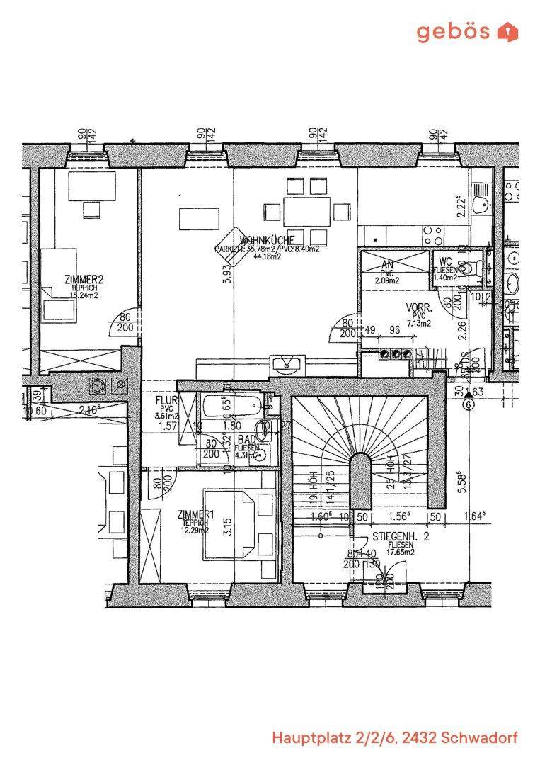 Grundriss der Wohnung mit Zimmern, Bad, WC und Treppenhaus, inklusive Flächenangaben.