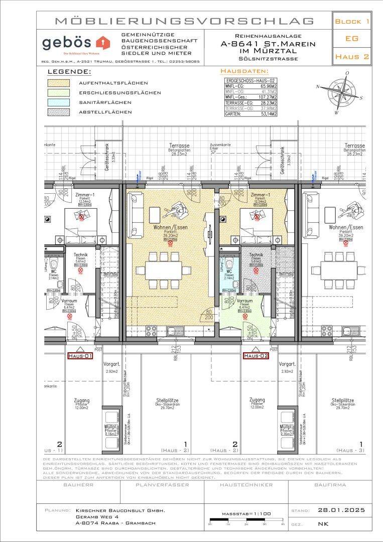 Möblierungsvorschlag für das Erdgeschoss einer Reihenhausanlage mit offenem Wohnbereich und Terrasse.