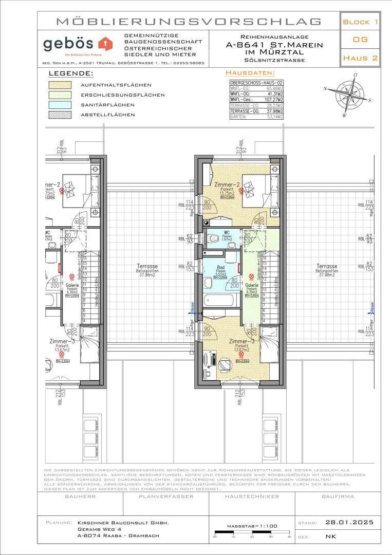Möblierungsvorschlag für das Obergeschoss einer Reihenhausanlage mit Schlafzimmern und Bad.