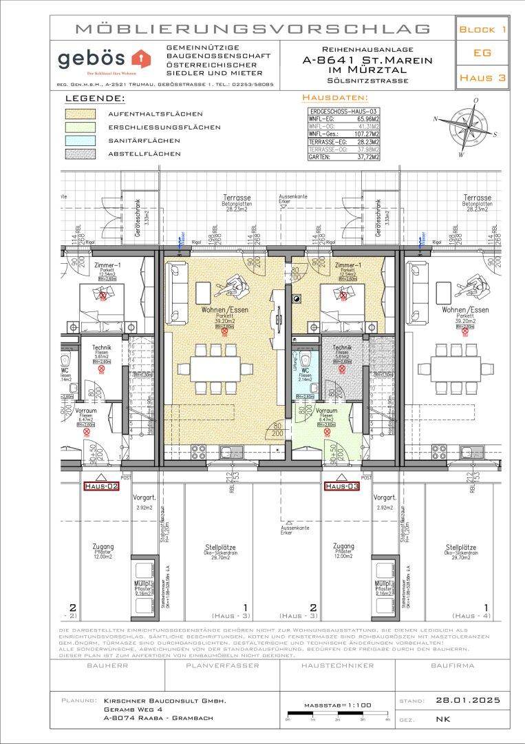 Detaillierter Grundriss des Erdgeschosses mit Möblierungsvorschlag für mehrere Reihenhäuser.