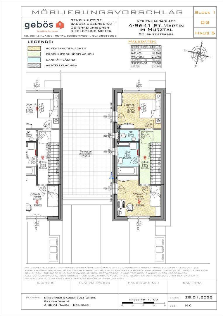 Möblierungsvorschlag für das Obergeschoss mit Schlafzimmern, Badezimmer und großer Dachterrasse.