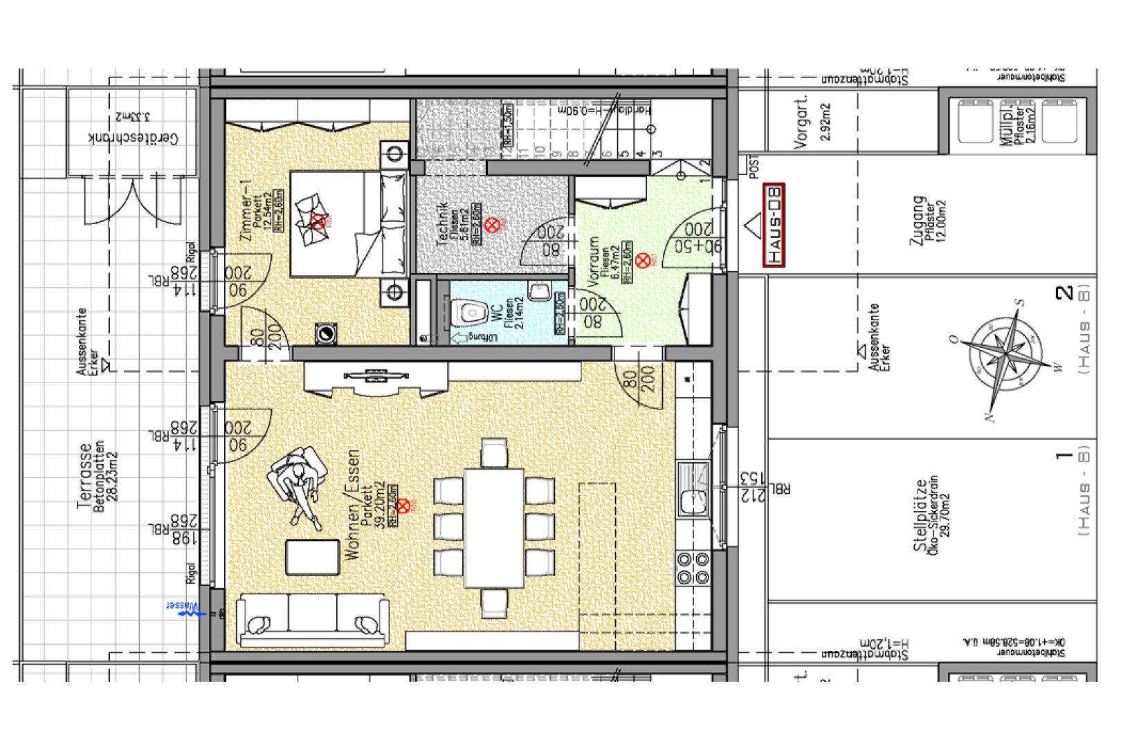 Grundriss des Erdgeschosses mit offenem Wohn-Essbereich, Schlafzimmer und Terrasse.