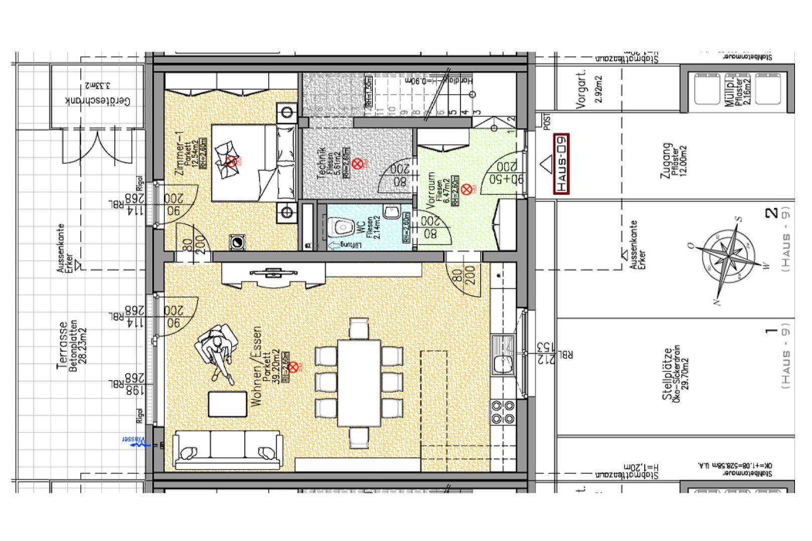 Grundriss des Erdgeschosses mit offenem Wohn-Essbereich, Schlafzimmer und Terrasse.