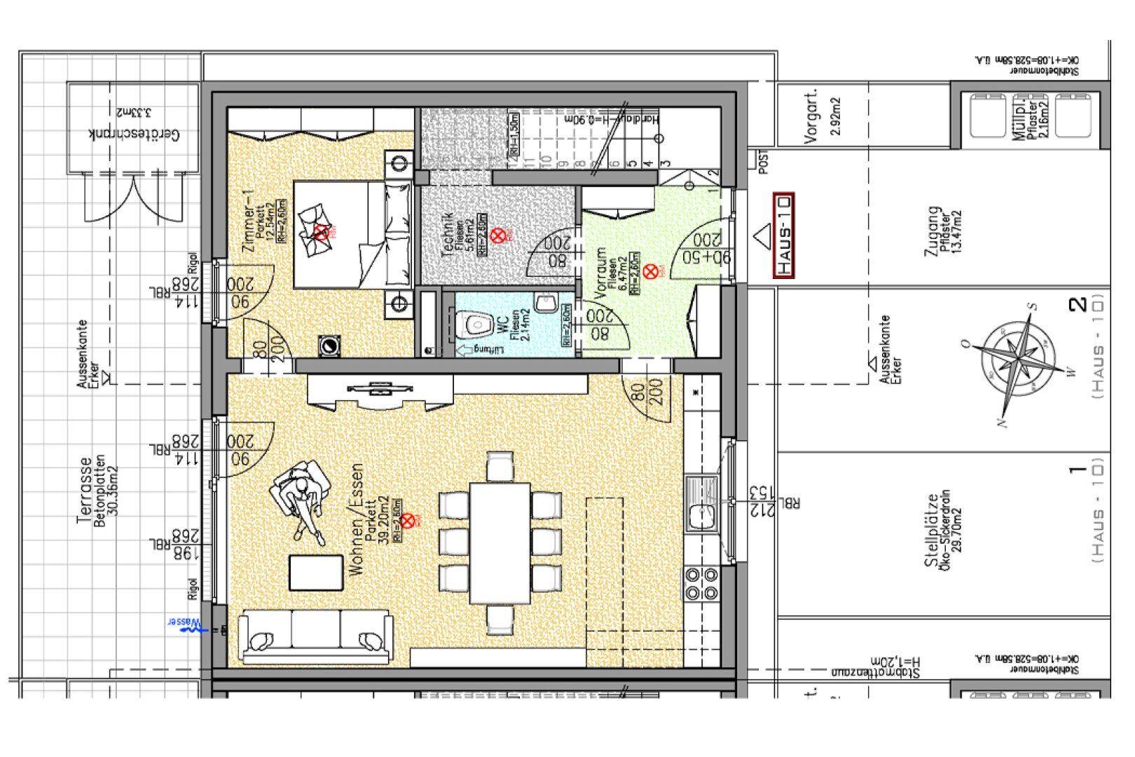 Grundriss des Erdgeschosses mit offenem Wohn-Essbereich, Küche, Schlafzimmer und Terrasse.