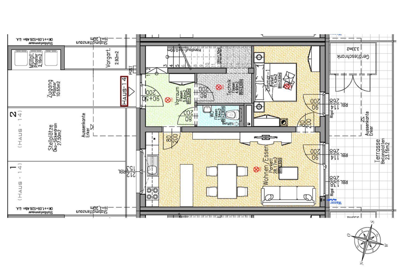 Detaillierter Grundriss des Erdgeschosses mit offenem Wohn-/Essbereich und Terrasse.