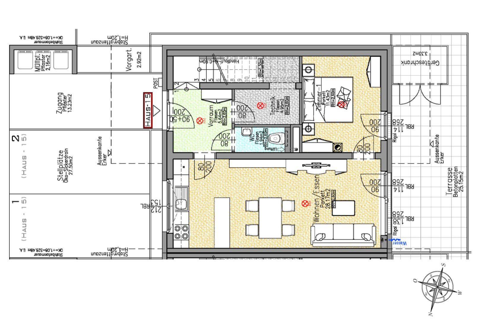 Grundriss des Erdgeschosses mit offenem Wohn-Essbereich, Küche, Gäste-WC und Terrasse.