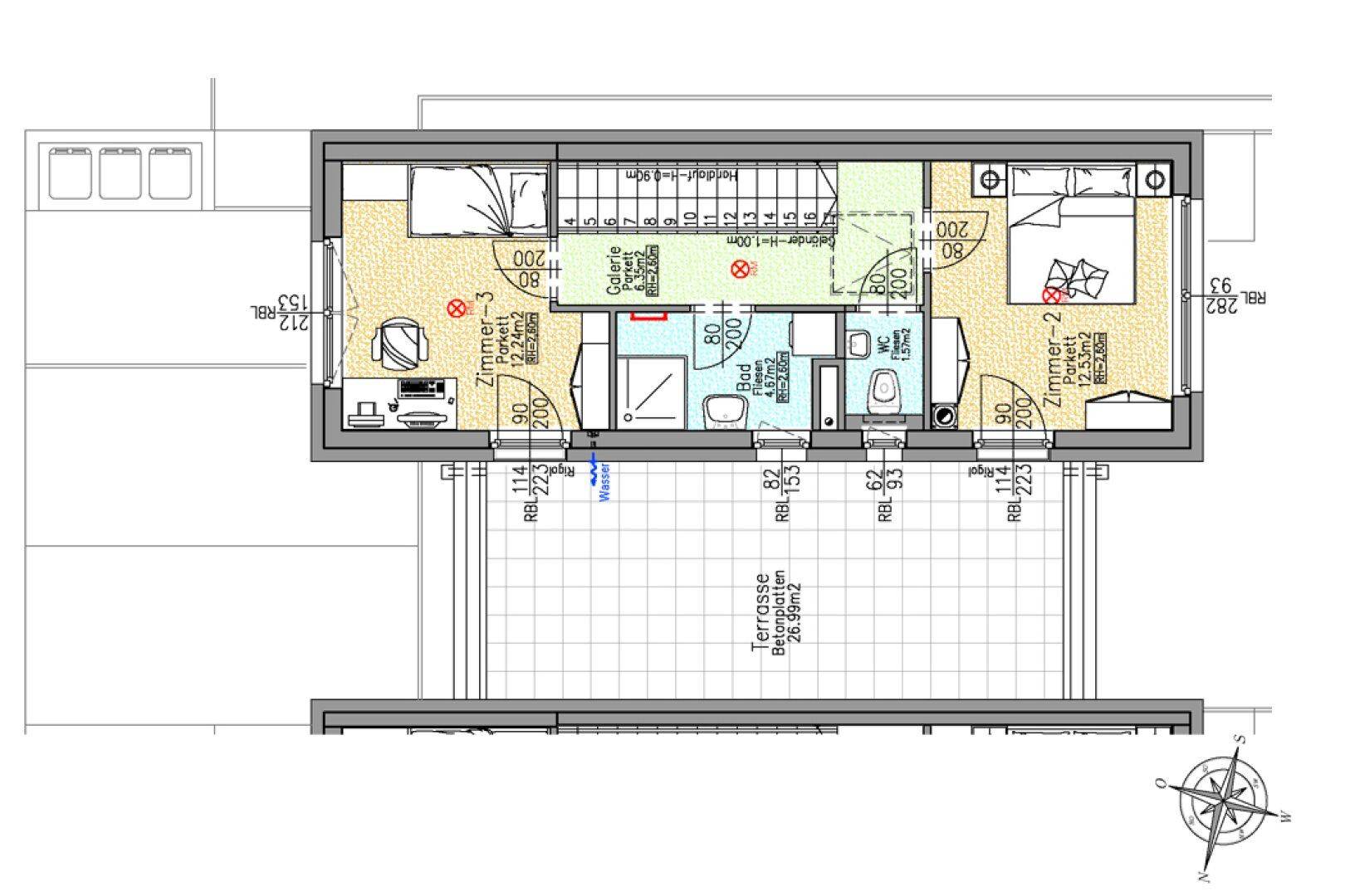 Grundriss des Obergeschosses mit zwei Schlafzimmern, Bad, separatem WC und großer Terrasse.