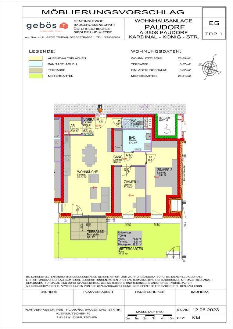 Detaillierter Grundriss einer Wohnung mit Wohnküche, zwei Zimmern, Bad und Terrasse.