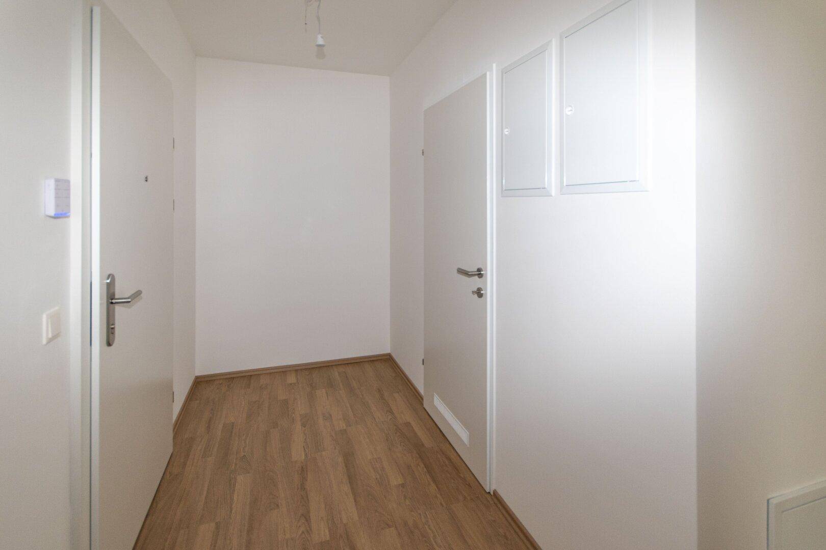 Eingangsbereich mit Laminatboden und modernen weißen Türen, die den Zugang zu den Zimmern ermöglichen.