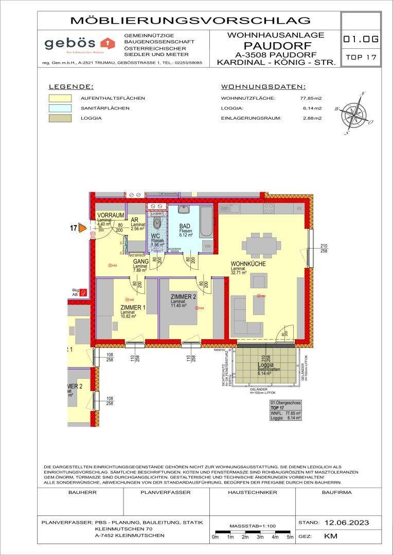 Detaillierter Grundriss der Wohnung Top 17 mit Wohnküche und Loggia.