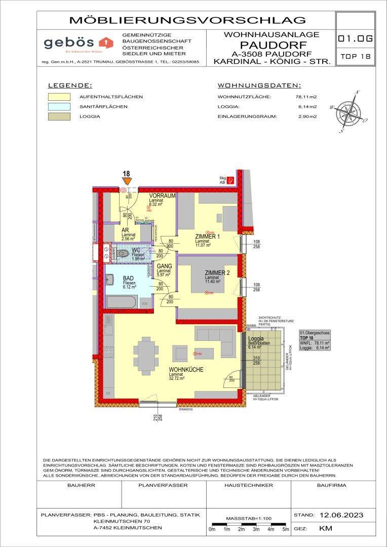 Detaillierter Grundriss einer Wohnung mit Raumaufteilung und Flächenangaben.