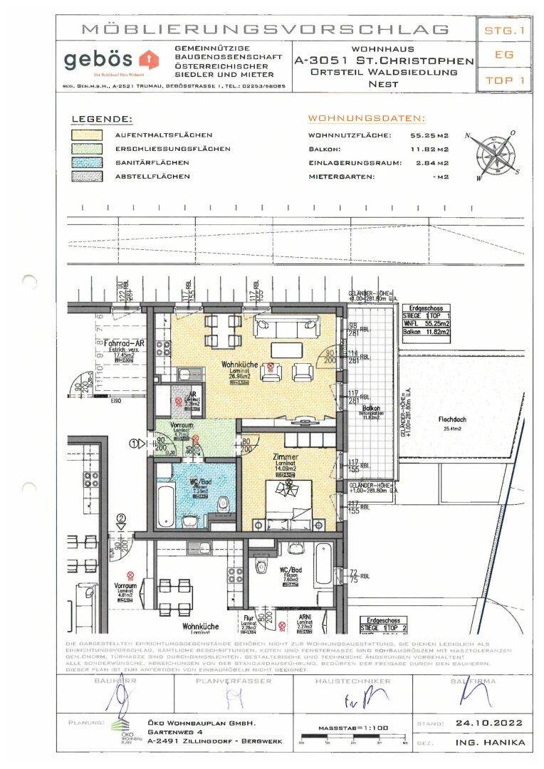 Detaillierter Grundriss mit Möblierungsvorschlag und Raumaufteilung für eine Wohneinheit.