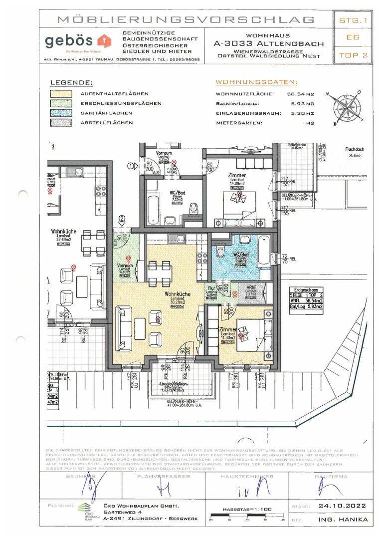 Detaillierter Grundriss einer Wohnung mit Raumaufteilung und Möblierungsvorschlag.