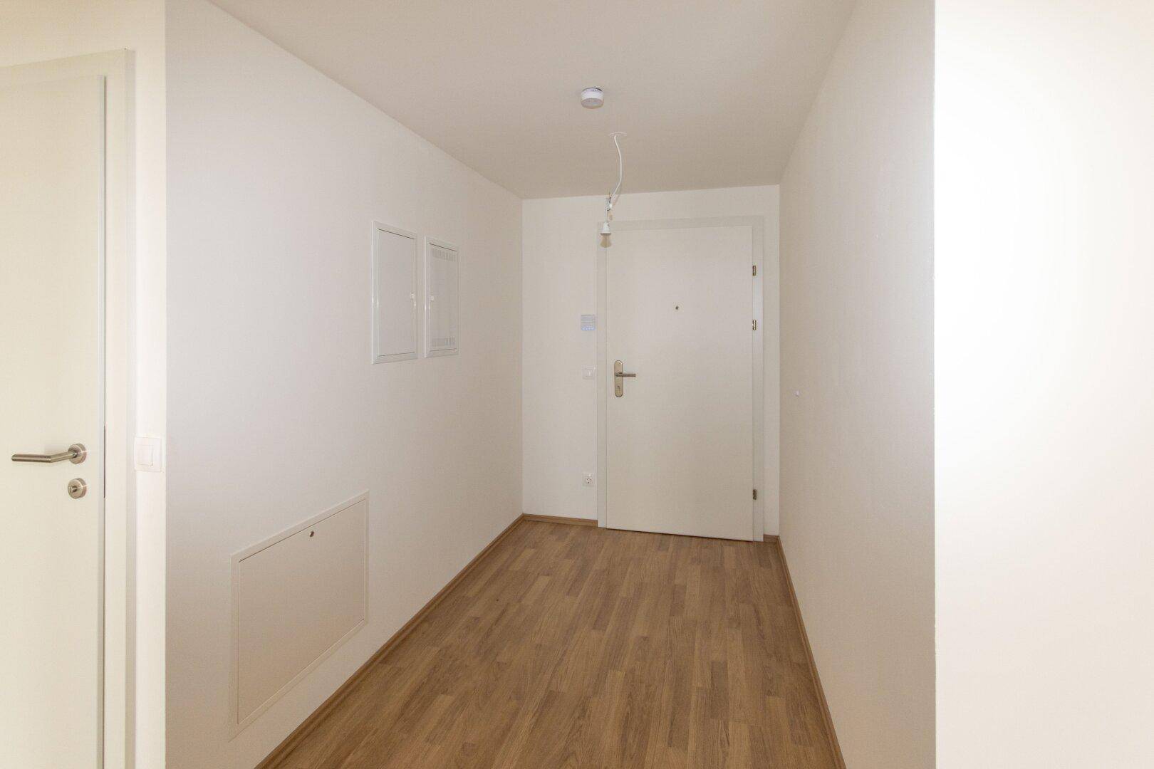 Eingangsbereich mit Holzboden und weißer Tür, bietet Zugang zur Wohnung.