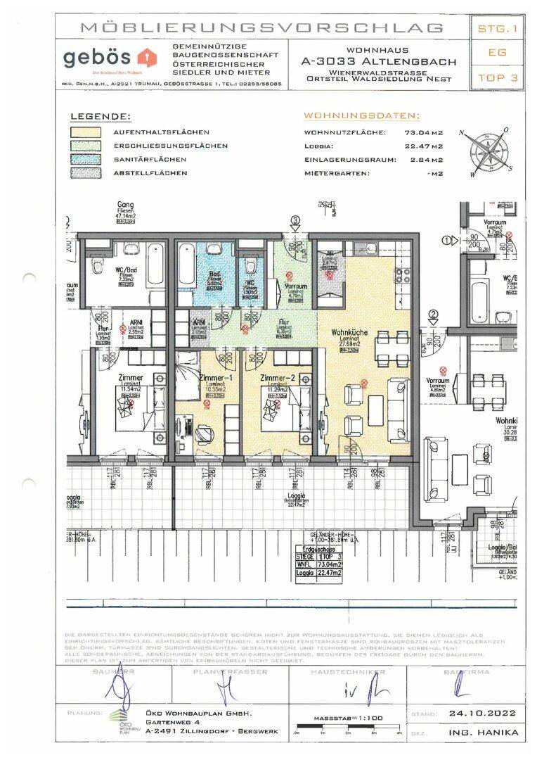 Detaillierter Grundriss einer Wohnung mit Möblierungsvorschlag und Raumaufteilung.