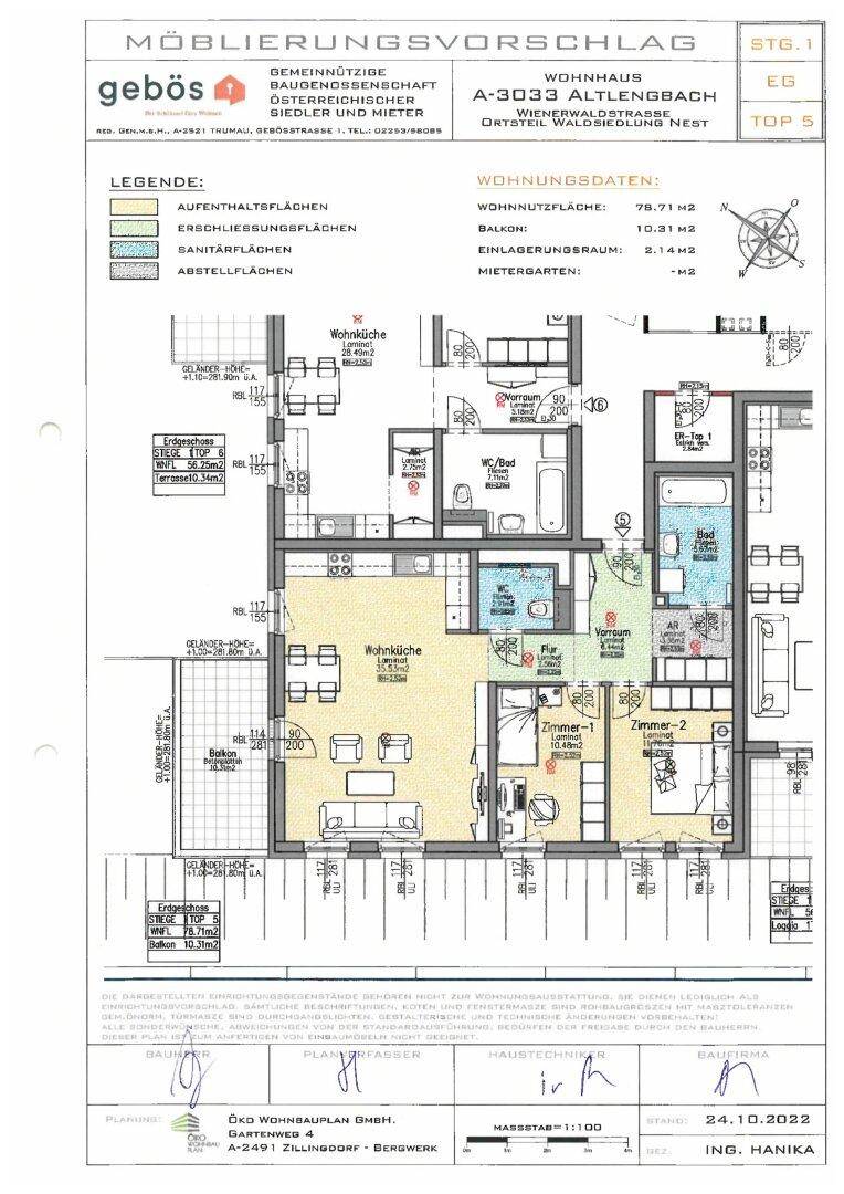 Detaillierter Grundriss der Wohnung mit Möblierungsvorschlag und Raumaufteilung.