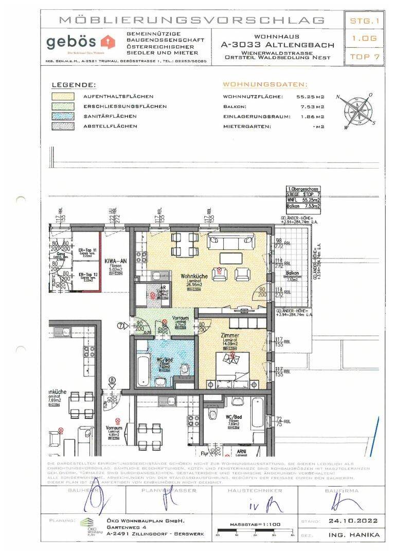 Möblierungsvorschlag für eine Wohnung mit Wohnküche, Schlafzimmer und Balkon.