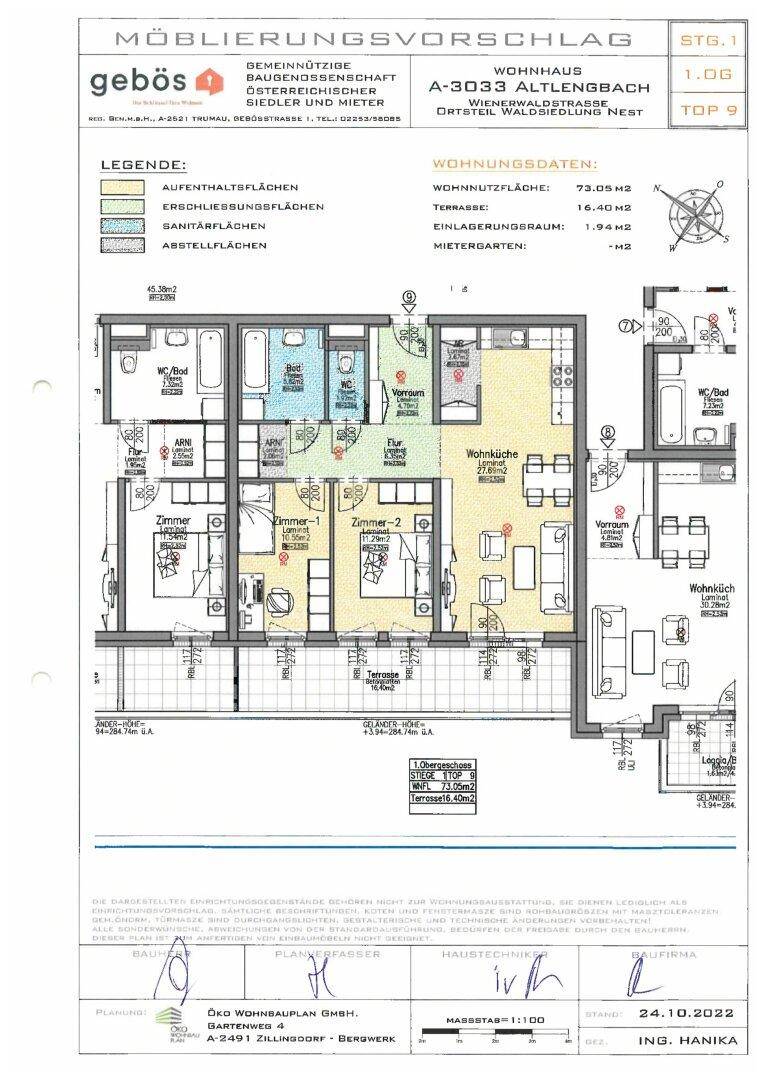 Detaillierter Grundriss mit Möblierungsvorschlag und Wohnungsdaten für eine 73,05 m² große Wohnung.