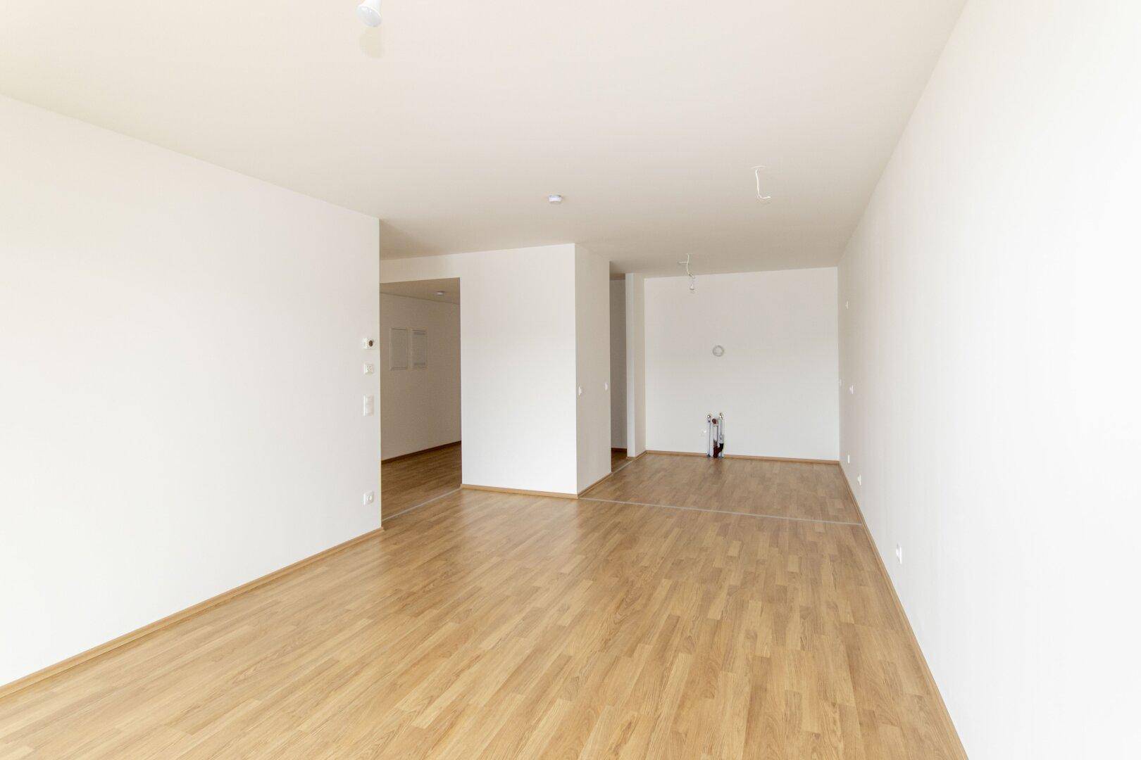 Geräumiger, heller Wohnbereich mit Laminatboden und offenem Übergang zu weiteren Räumen, ideal für moderne Wohnkonzepte.