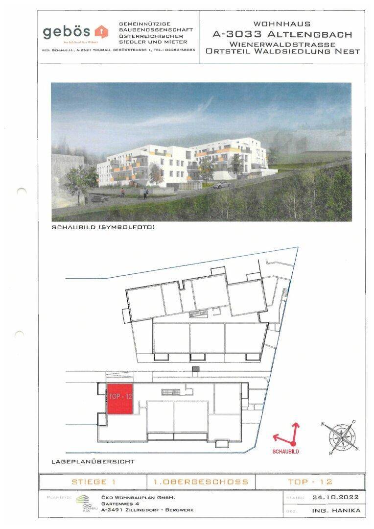 Übersichtsplan der Wohnanlage mit Gebäudevisualisierung und Lageplan des ersten Obergeschosses.