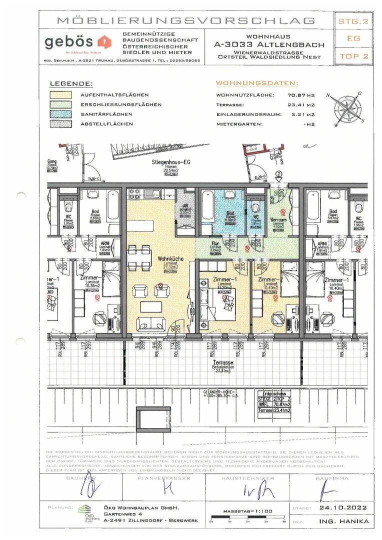 Detaillierter Grundriss des Erdgeschosses mit Möblierungsvorschlag und Wohnungsdaten.