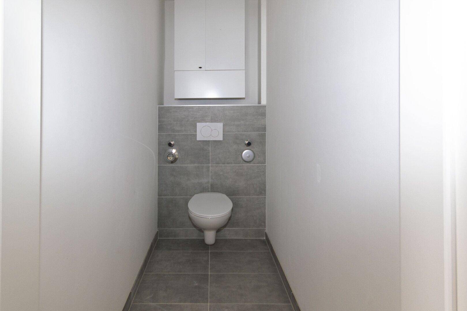 Separates Gäste-WC mit wandhängender Toilette und modernen grauen Fliesen.