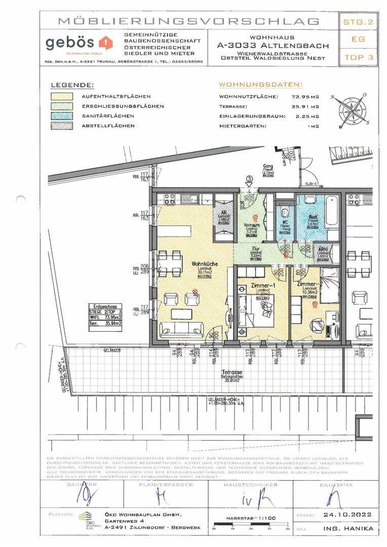 Detaillierter Grundriss mit Möblierungsvorschlag und Flächenangaben für die Wohnung.