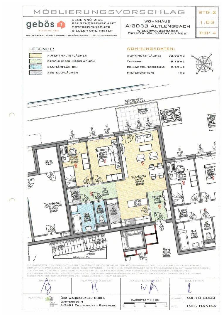 Detaillierter Grundriss mit Möblierungsvorschlag für eine Wohnung im ersten Obergeschoss.