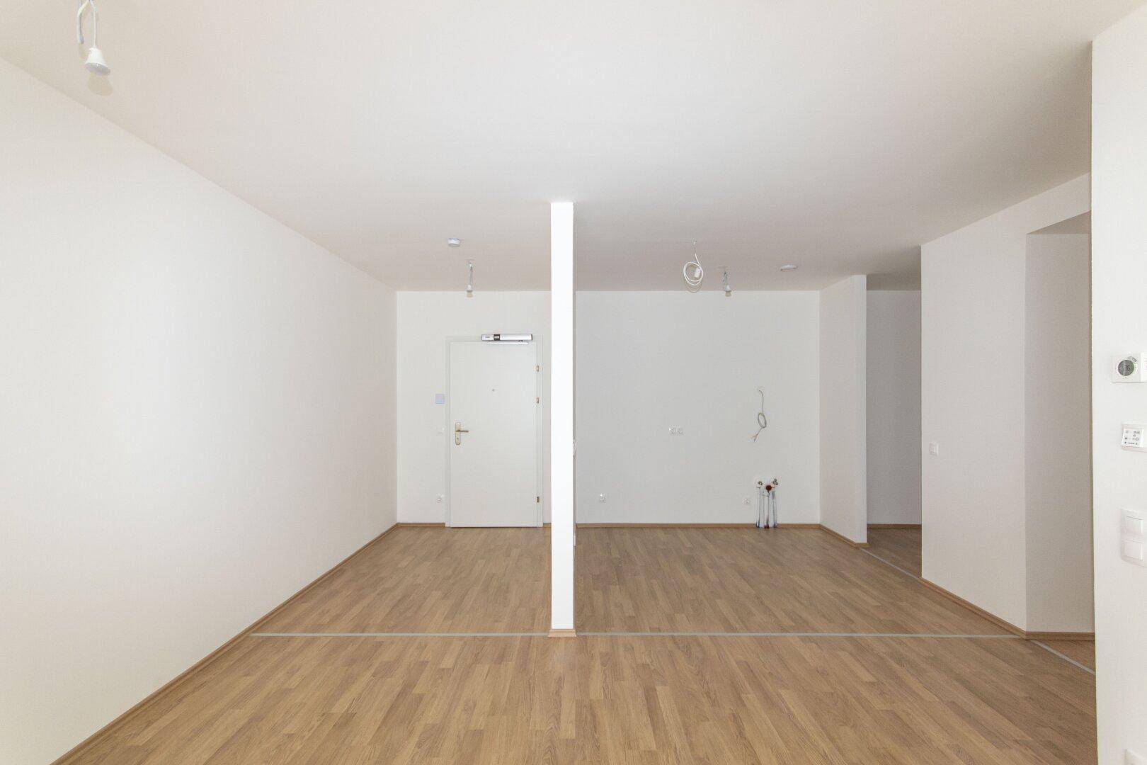 Geräumiger, leerer Raum mit Laminatboden und weiß gestrichenen Wänden, ideal für offenes Wohnen.