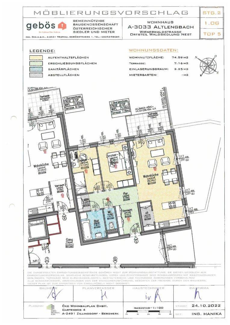 Detaillierter Grundriss mit Möblierungsvorschlag, Raumaufteilung und Terrasse.