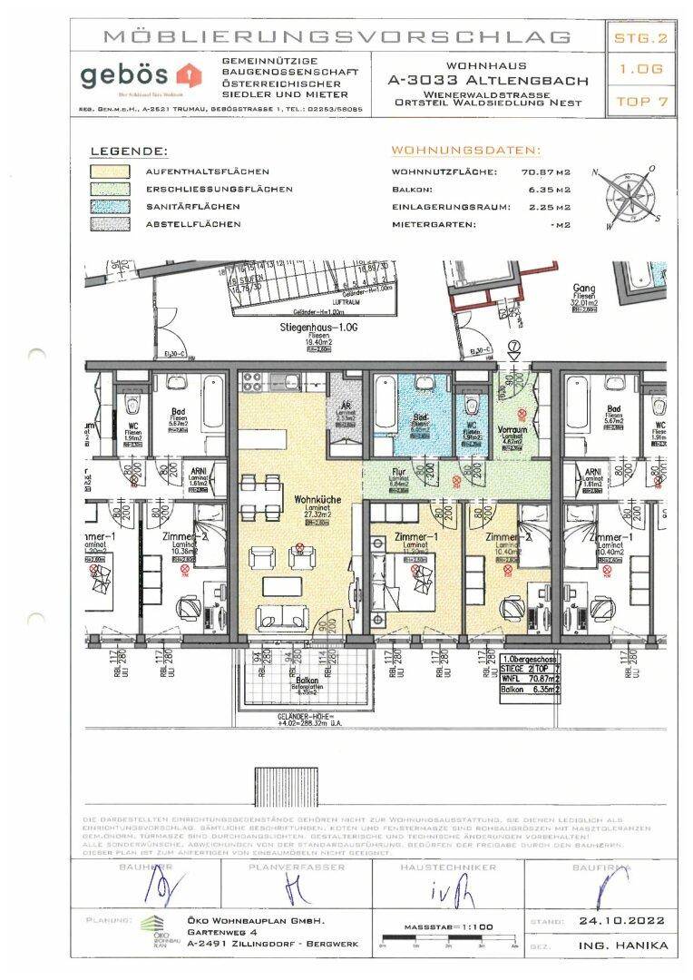 Detaillierter Grundriss mit Möblierungsvorschlag und Raumaufteilung für eine Wohnung.