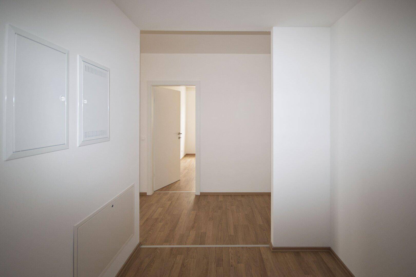 Heller Flur mit Holzboden und offenem Durchgang zu einem weiteren Zimmer.