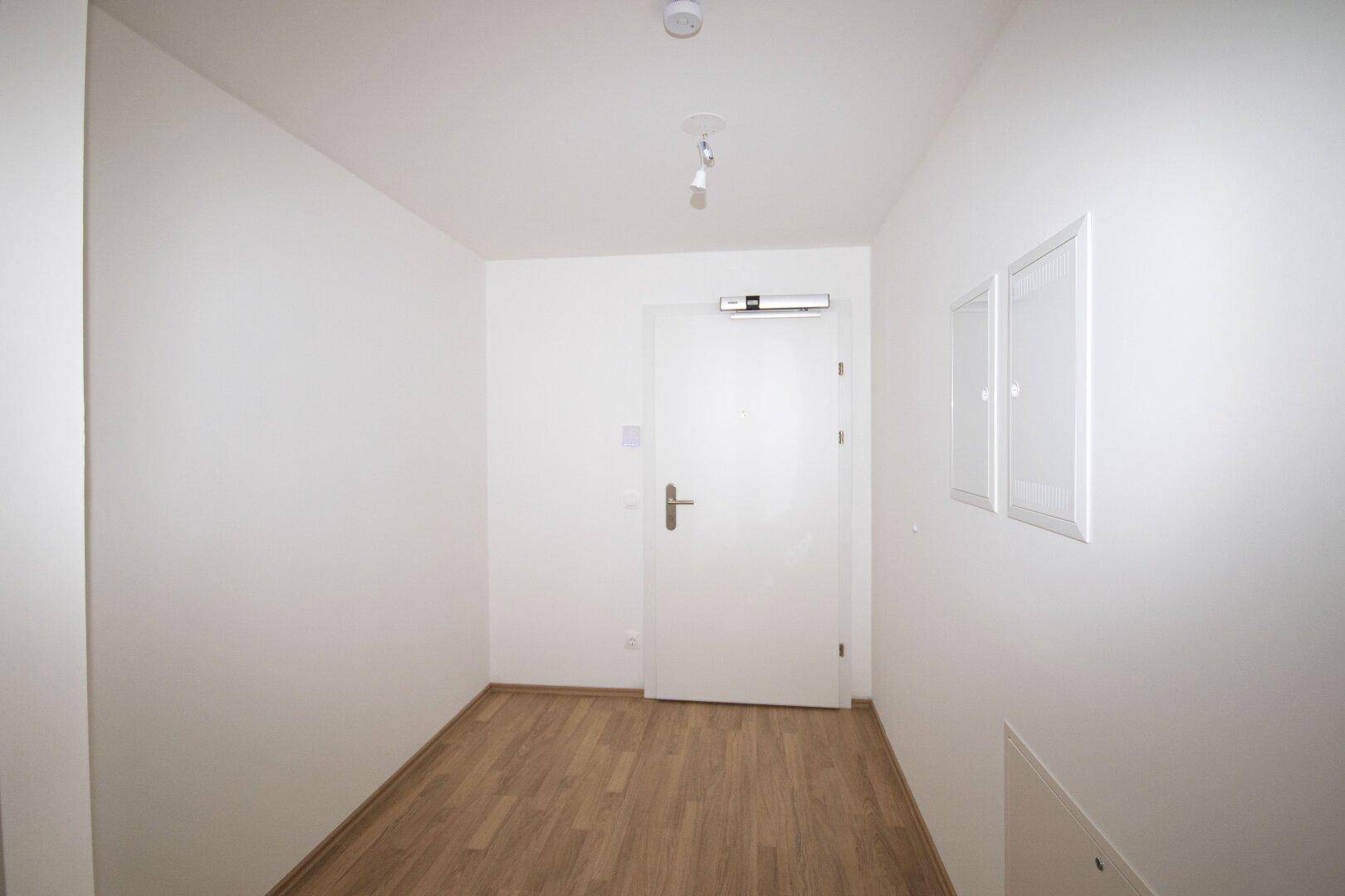 Eingangsbereich mit Holzboden, weißer Tür und schlichten, hellen Wänden.