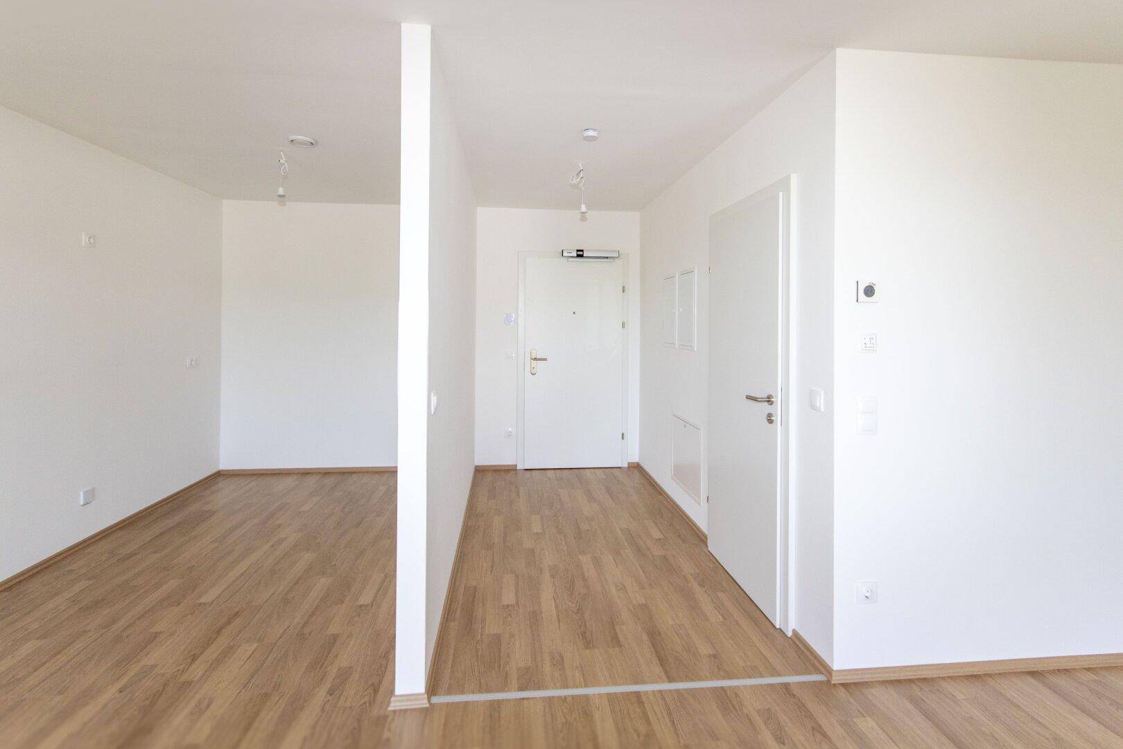Heller Eingangsbereich mit Laminatboden und weißen Türen, der zu den Wohnräumen führt.