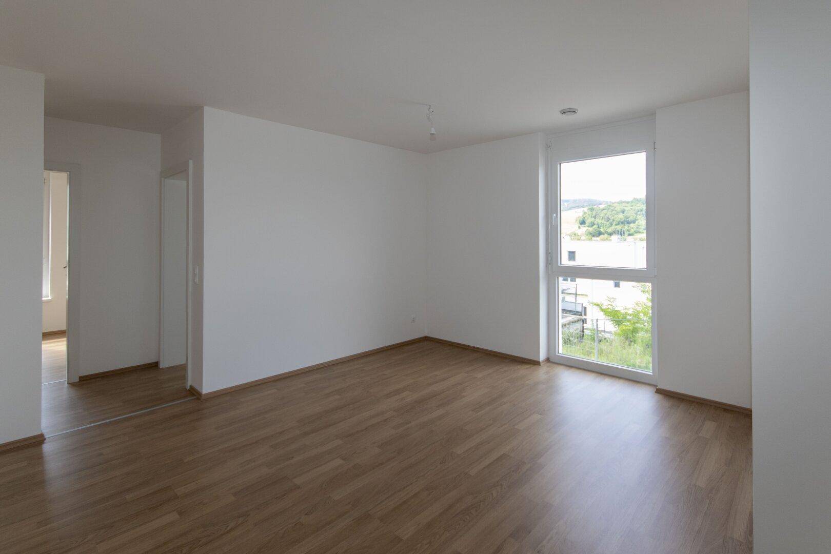 Leerer, heller Raum mit Laminatboden und einem großen Fenster, das viel Tageslicht hereinlässt.