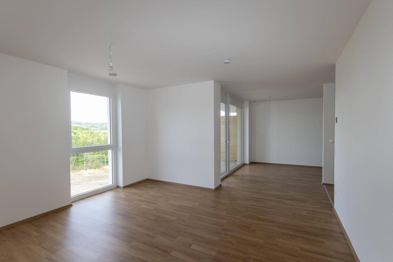 Helles, leeres Wohnzimmer mit großen Fenstern und modernem Laminatboden.