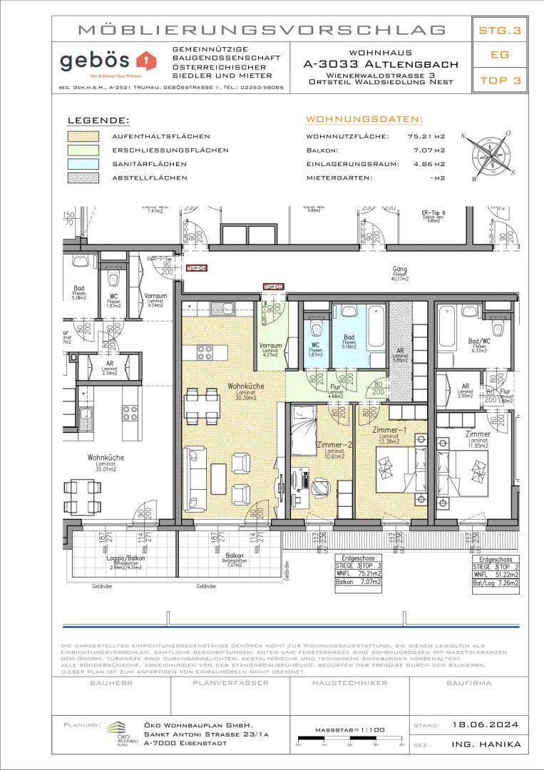 Detaillierter Grundriss einer Wohnung mit Wohnküche, zwei Zimmern und Balkon.