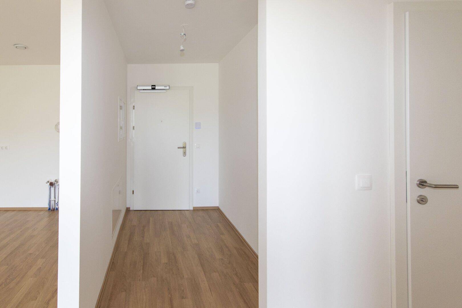 Heller Eingangsbereich mit Holzboden und weißer Tür, der zu den weiteren Räumen führt.