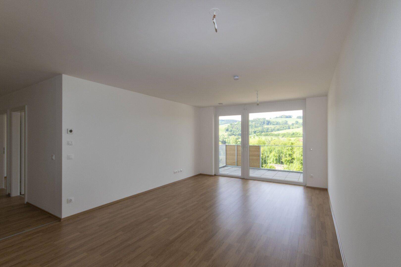 Geräumiges, helles Wohnzimmer mit Holzboden und großem Fenster mit Zugang zum Balkon.