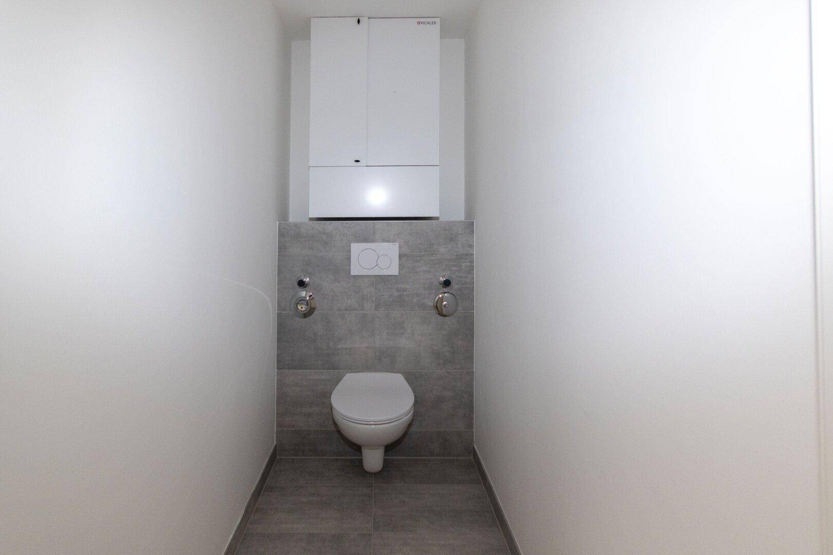 Separates WC mit Wand-WC und modernen grauen Fliesen, ausgestattet mit einem Spülkasten.