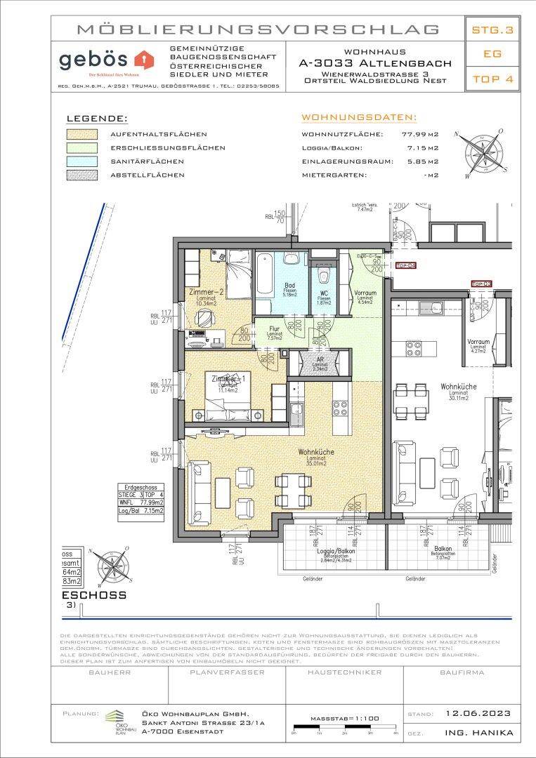 Detaillierter Grundriss einer 3-Zimmer-Wohnung mit Möblierungsvorschlag und Balkon.