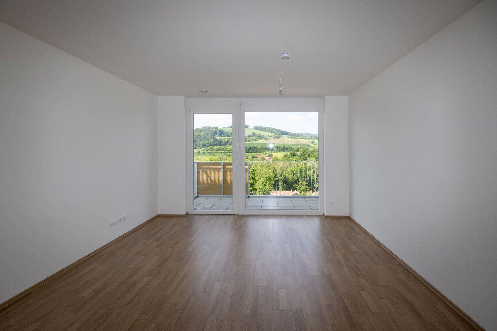 Heller, leerer Raum mit Laminatboden und großen Fenstern mit Zugang zum Balkon und Landschaftsblick.