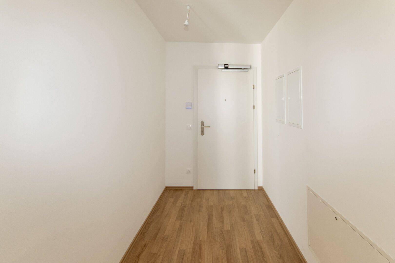 Heller Eingangsbereich mit Holzboden und weißer Eingangstür in einem Neubau.