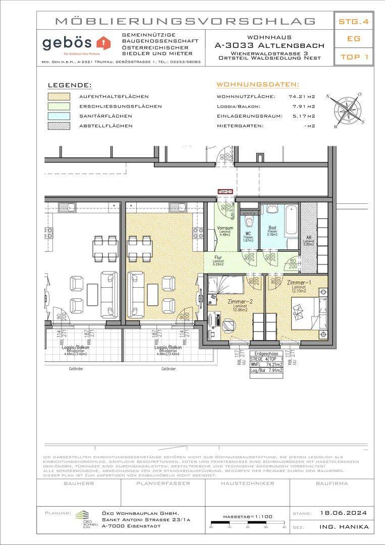 Detaillierter Grundriss mit Möblierungsvorschlag für eine 74,21 m² Wohnung.