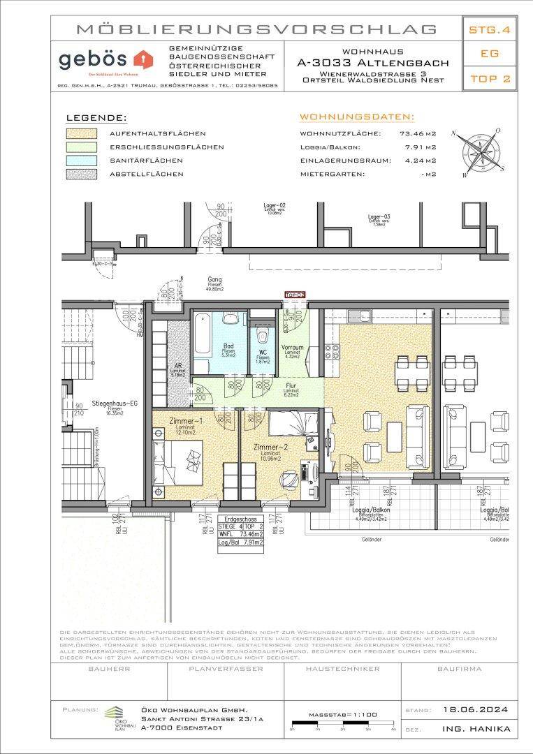 Detaillierter Grundriss mit Möblierungsvorschlag für eine 2-Zimmer-Wohnung.
